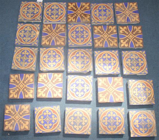 Twenty five Minton & Co encaustic floor tiles, 19th century, 15cm sq., old mortar